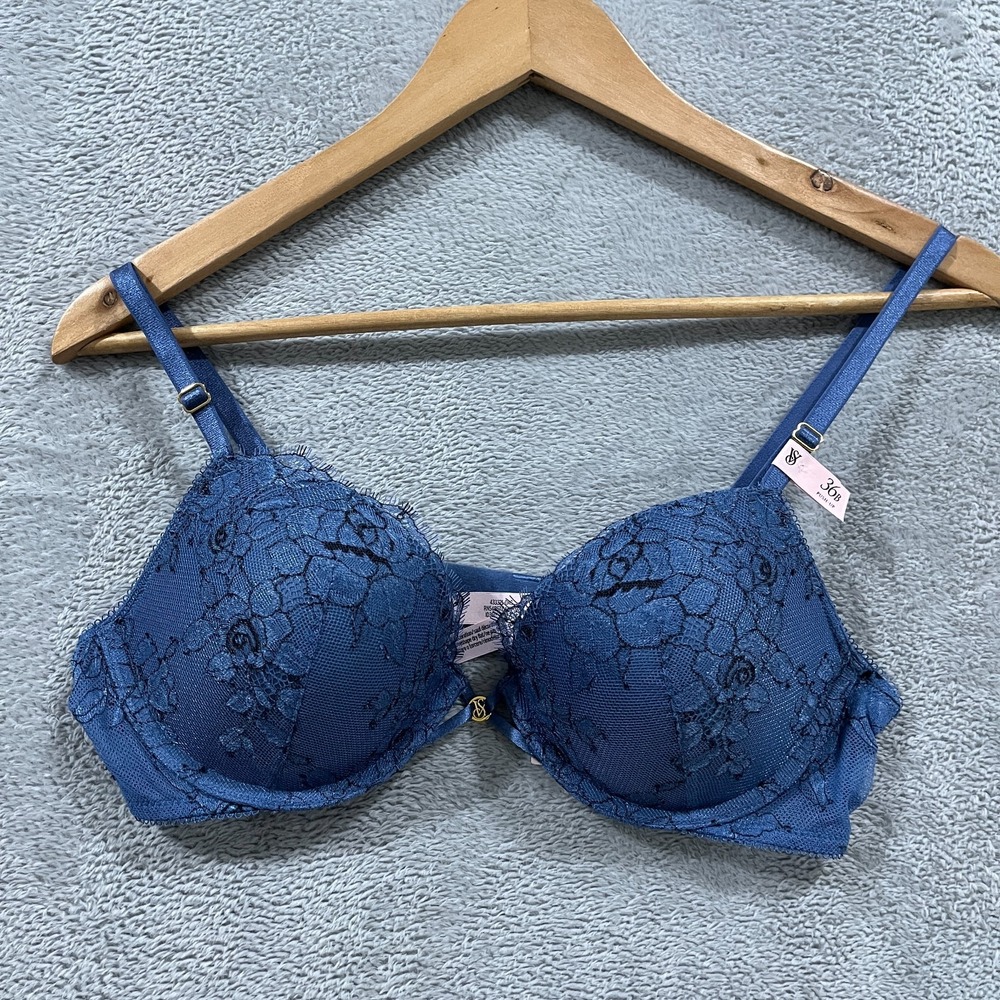 Victoria's Secret Push-Up Bra Women 36B Blue Rose Lace Overlay Adjustable Straps